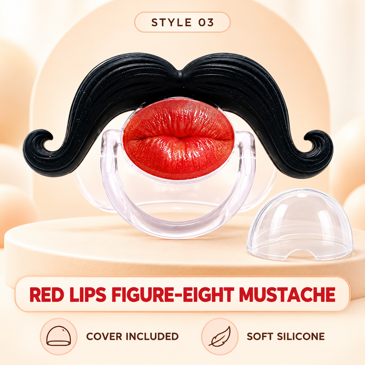 👄 Funny Red Lips Mustache Baby Pacifier – One-Piece Silicone Design with Dust Cover