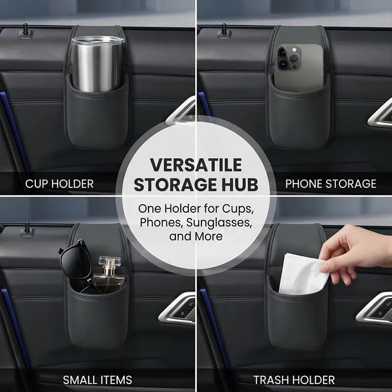 Leather car door storage pocket - double-layer compartments