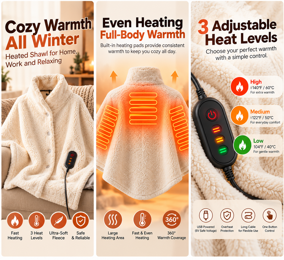 🔥 Wearable Heated Zip-Up Blanket – Ultra-Soft Cozy Winter Shawl