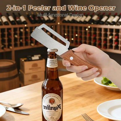 🎁Wooden-Handled Stainless Steel Sharp Peeler with Built-In Bottle Opener