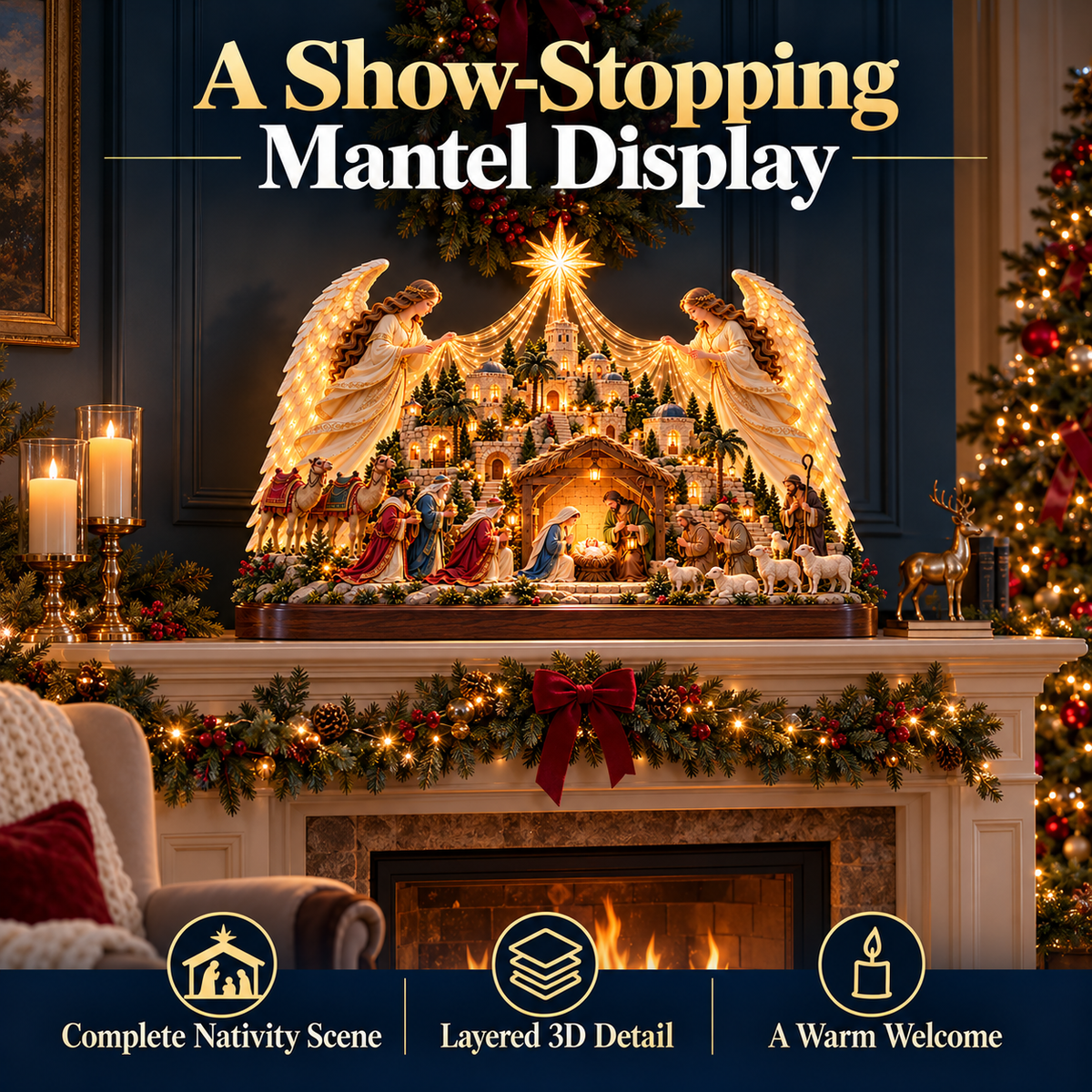 🎄✨ 3D Lighted Angel Nativity Centerpiece – Meaningful Christmas Mantel Decor✨