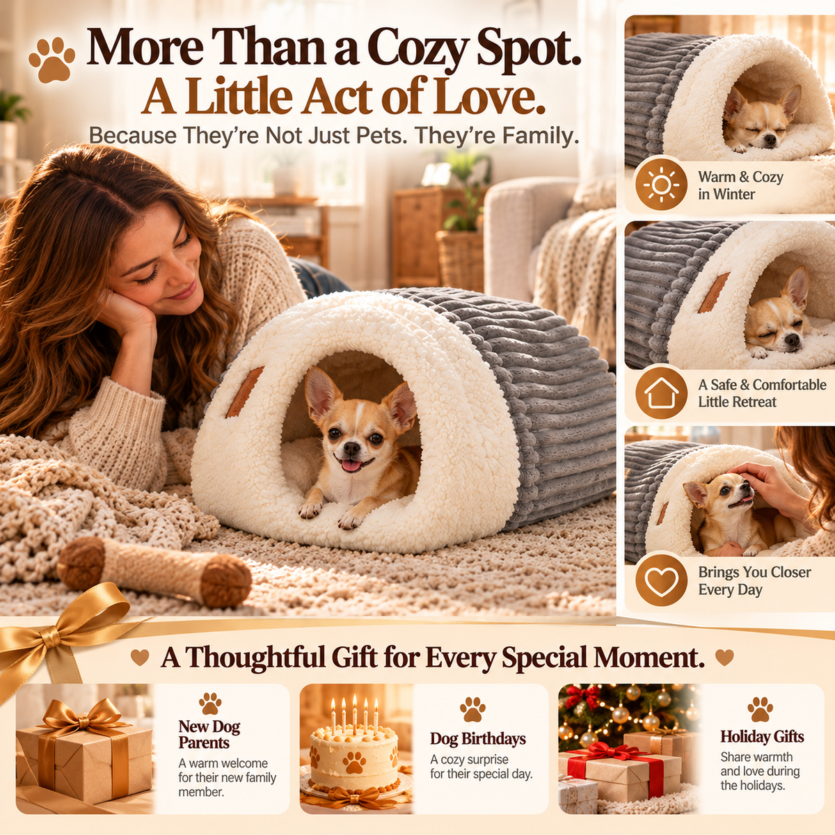 🐶 Plush Cozy Cave Dog Bed – Soft Enclosed Pet Retreat