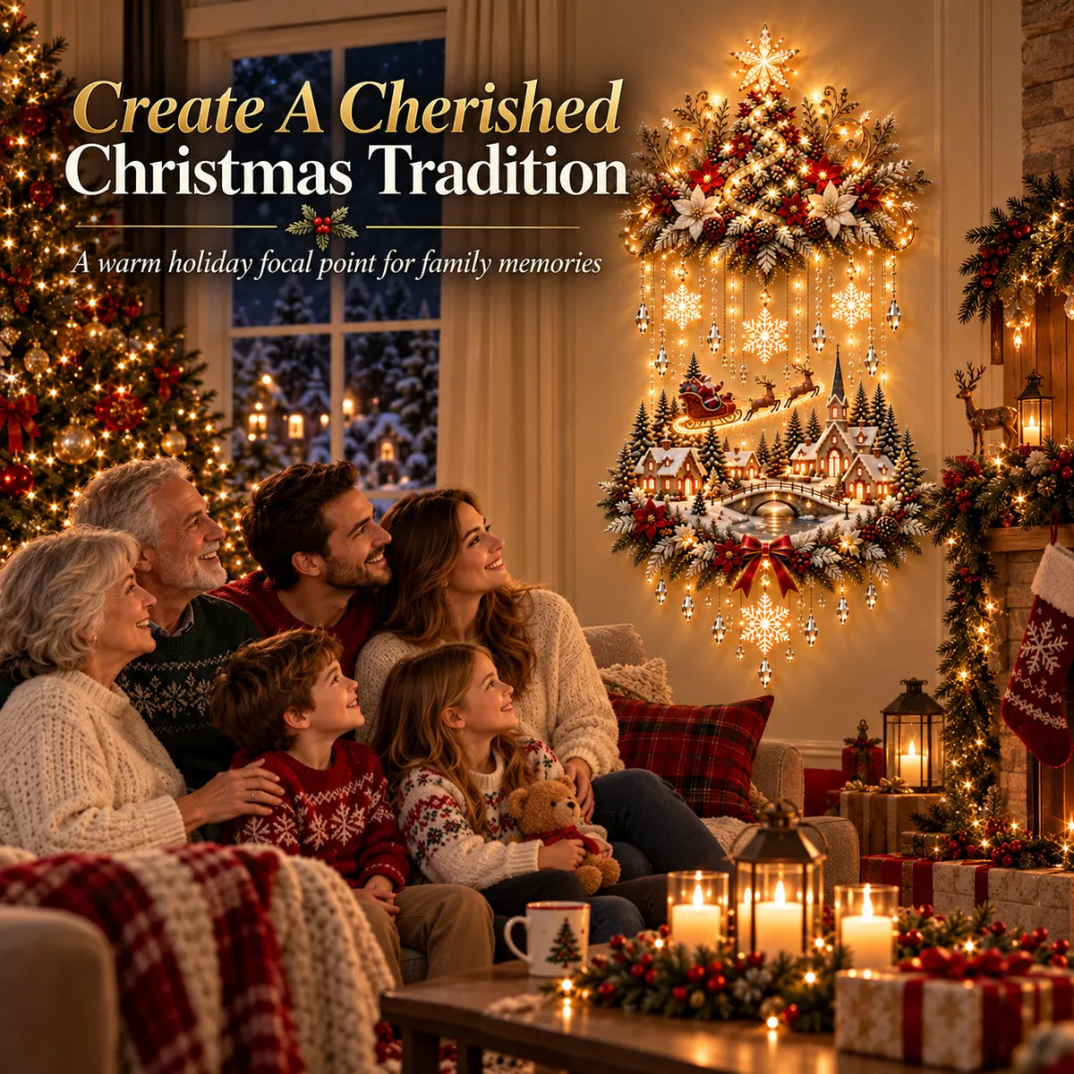 ✨ Illuminated Christmas Tree & Village Wall Hanging | Cascading Warm Lights for Living Rooms, Entryways & Staircases