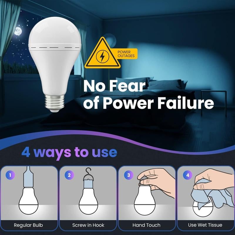 Rechargeable Emergency Light Bulbs, Camping Lamp Battery Powered LED Light Bulb 6000K Daylight 12W Equivalent with 1200mAh