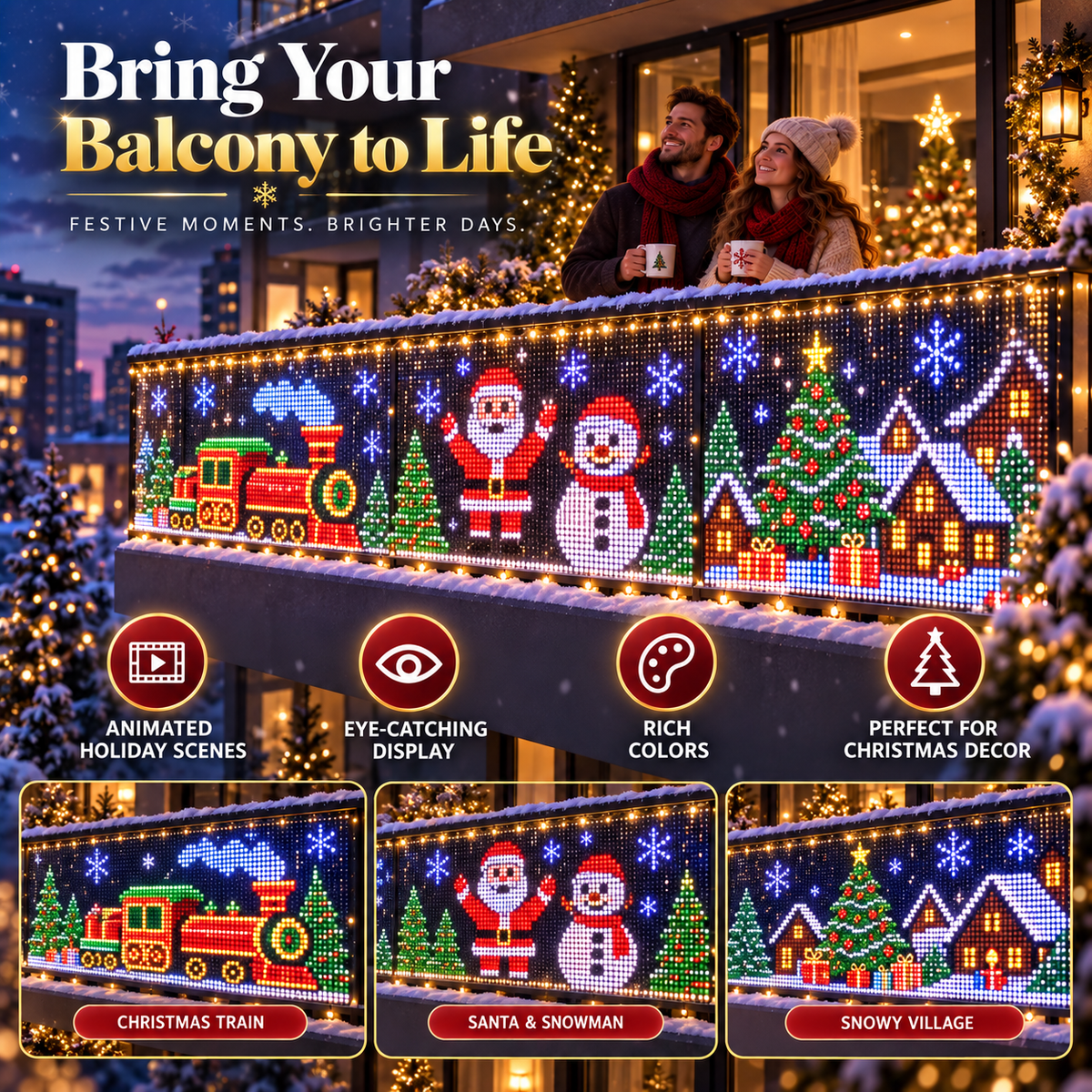 🎅 Smart RGB Pixel Curtain Lights – App-Controlled Animated Holiday Display for Balcony & Window Decor-1.6m*1.6m