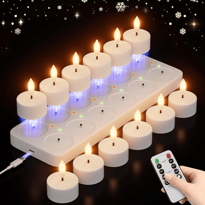 🕯️Rechargeable Flameless LED Tea Lights, Charging Station & Remote Included, Flickering Fake Candles, Safe No Flame Candle for Home, Wedding, Festival & Emergency Lighting