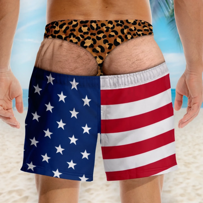 🇺🇸 Patriotic Swim Trunks – "Warning Wide Load" Funny Design, Great Gift for Men