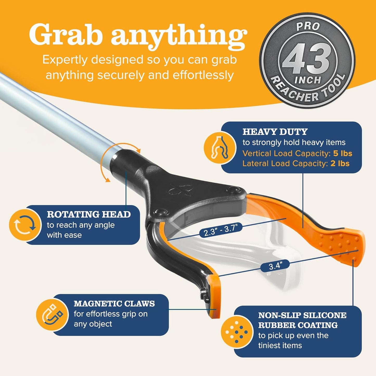 43' Extra Long Grabber Reacher Tool – Heavy Duty with 360° Rotating Jaw & Magnets