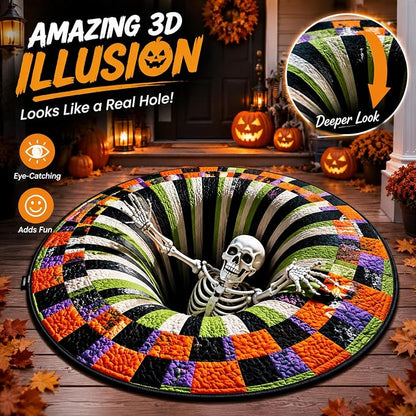 🎃 3D Optical Illusion Skeleton Vortex Quilted Round Halloween Rug