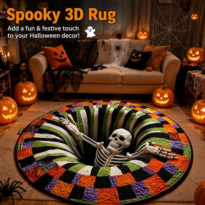 🎃 3D Optical Illusion Skeleton Vortex Quilted Round Halloween Rug