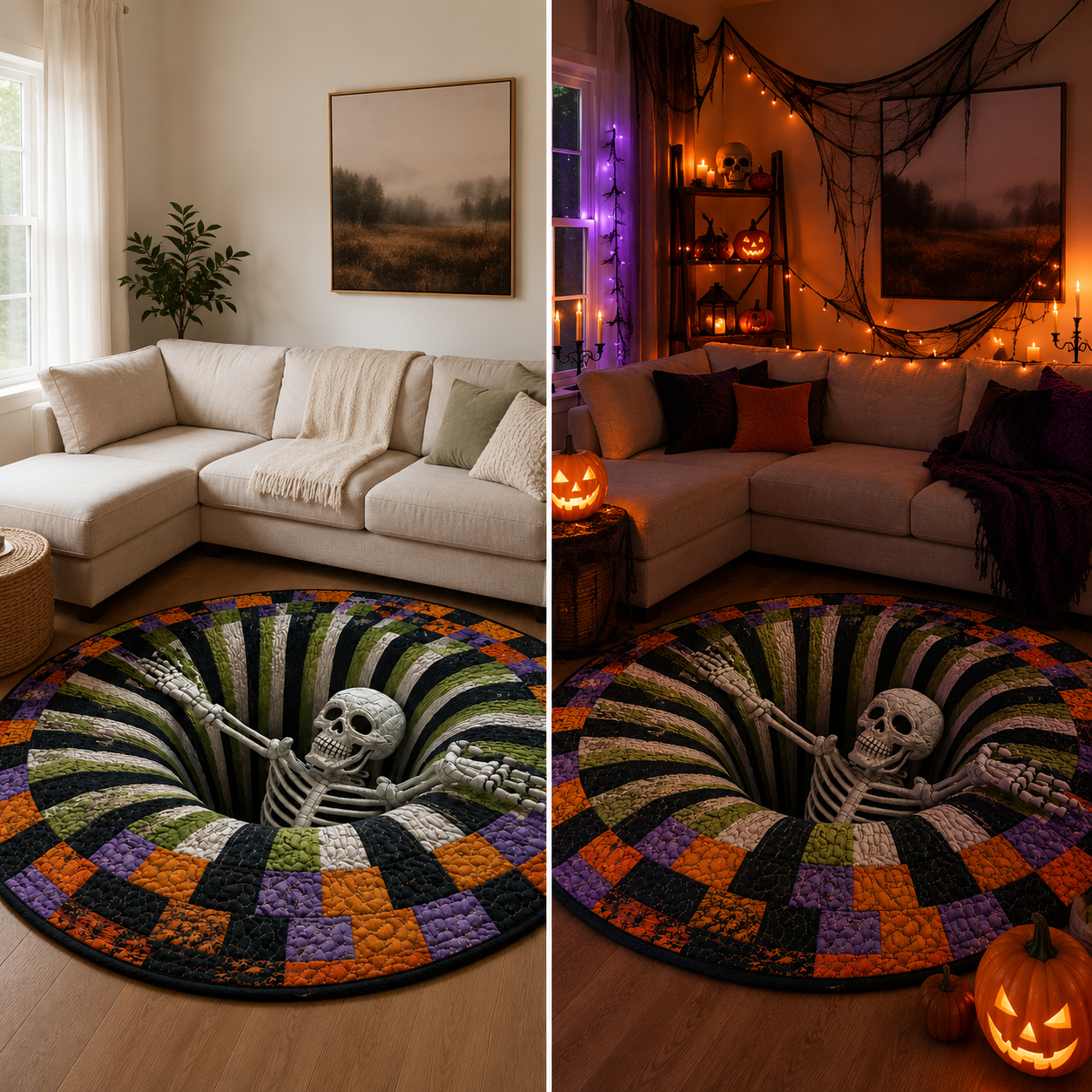 🎃 3D Optical Illusion Skeleton Vortex Quilted Round Halloween Rug
