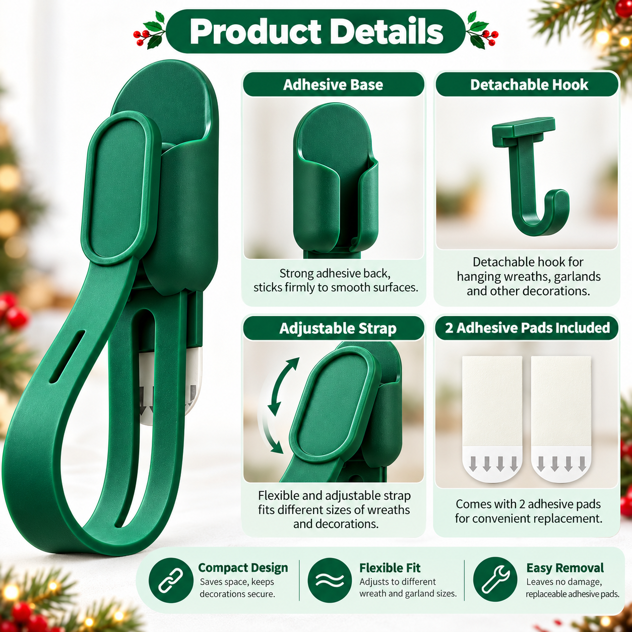 Product detail diagram showing adhesive base, detachable hook, adjustable strap and two adhesive pads