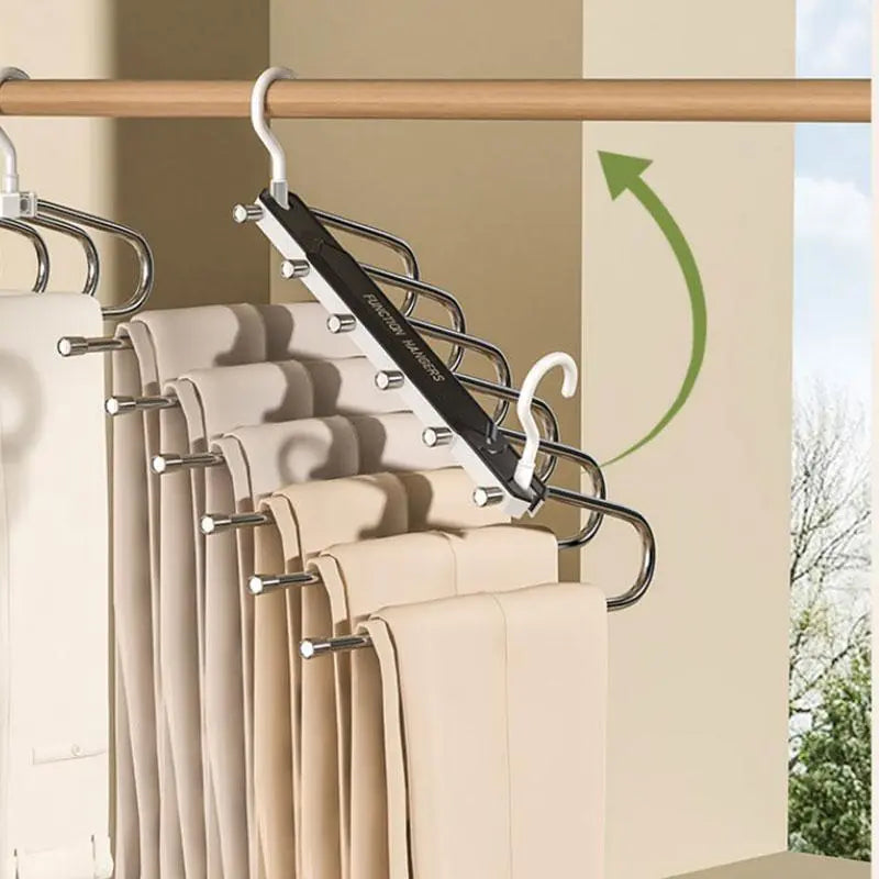 6 Layer Pants Hanger Space Saving Closet Organizer with 65mm Wide Spacing, Anti-Slip Multifunctional Pants Rack for Jeans Trousers Wardrobe