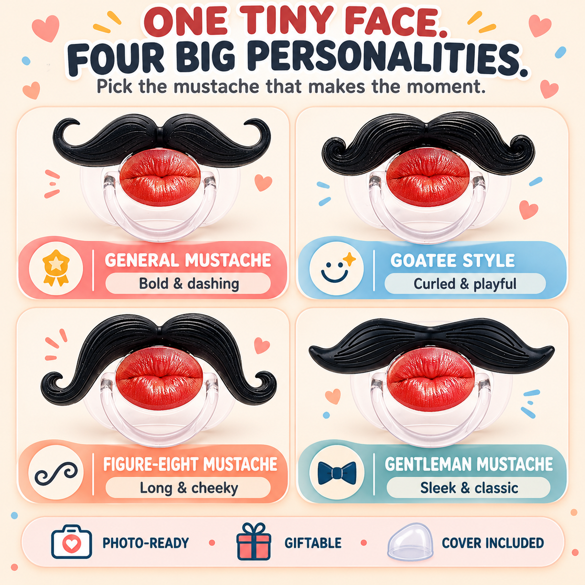 👄 Funny Red Lips Mustache Baby Pacifier – One-Piece Silicone Design with Dust Cover