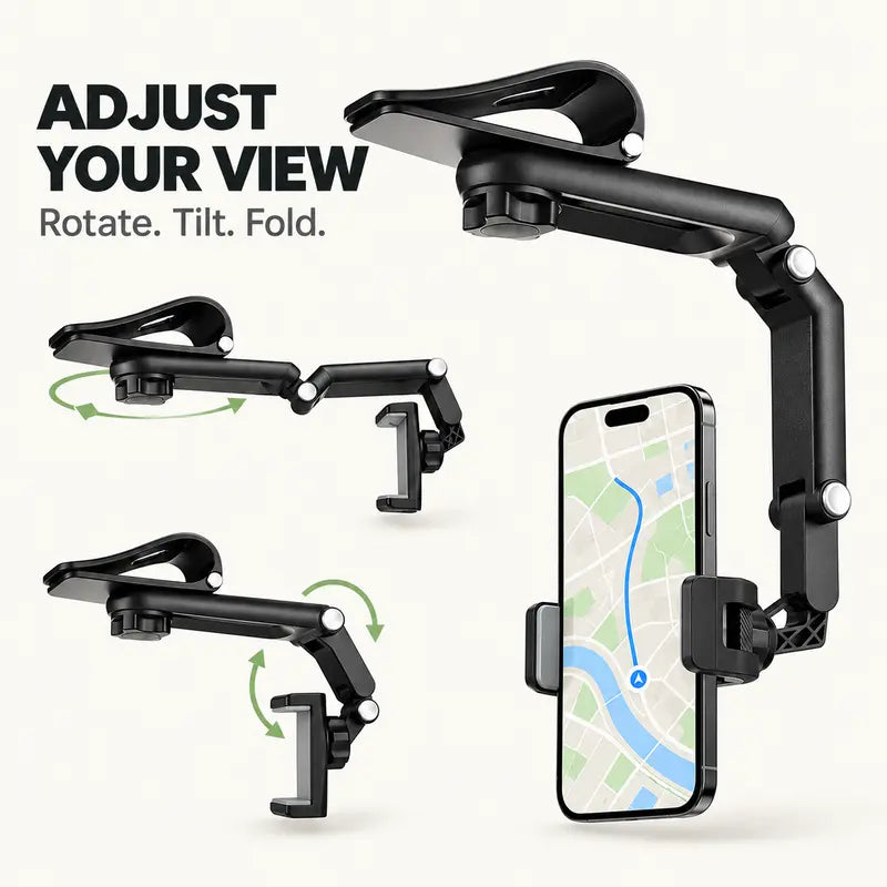 ✨Foldable Car Phone Holder for Sun Visor, Adjustable Arm with 360° Phone Rotation, Spring Clip Mount for 4–6.5 Inch Smartphones, Black,toolupgrade