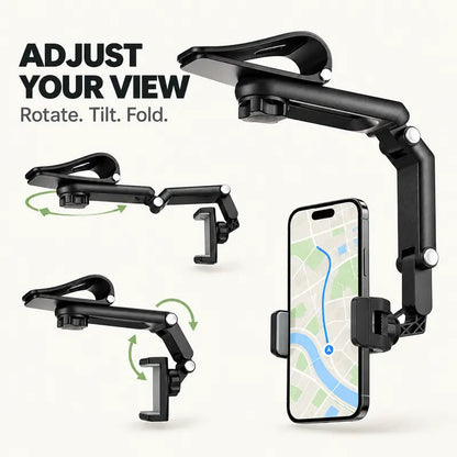 ✨Foldable Car Phone Holder for Sun Visor, Adjustable Arm with 360° Phone Rotation, Spring Clip Mount for 4–6.5 Inch Smartphones, Black,toolupgrade