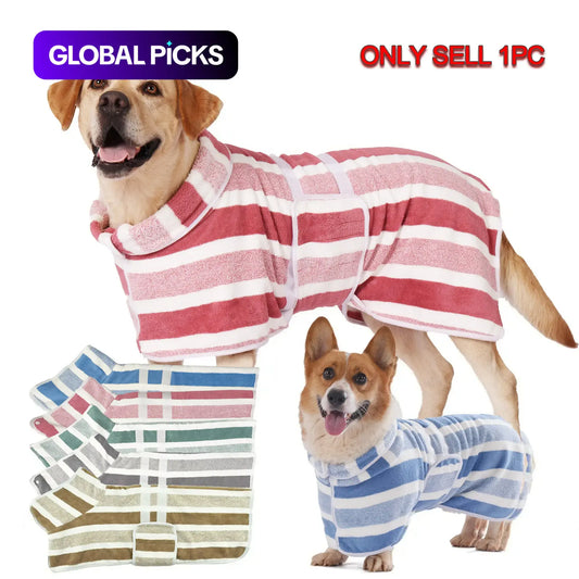 Quick-Drying Dog Bathrobe, 1-Piece Striped Pet Dressing Gown with Adjustable Belly Band, Super-Absorbent Super-Soft Fabric #GLOBAL PICKS