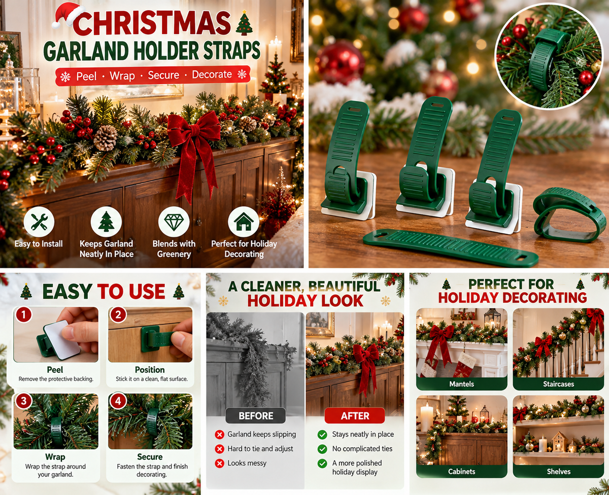 🎄 Christmas Garland Holder Straps – Peel, Wrap & Secure Holiday Greenery ✨