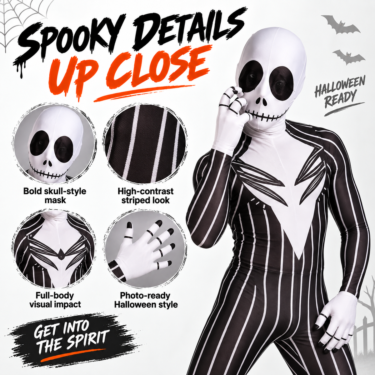 🎃 Full-Body Striped Skeleton Halloween Costume – Spooky Stretch Jumpsuit for Parties & Cosplay