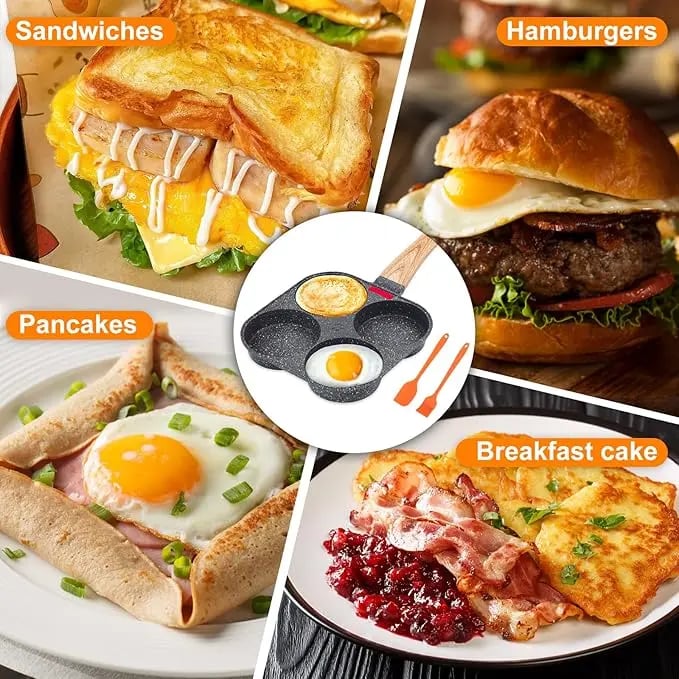 ⏳Hot Sale Multifunctional Egg Frying Pan, 4 Holes Design & Ergonomic Wooden Handle🍳