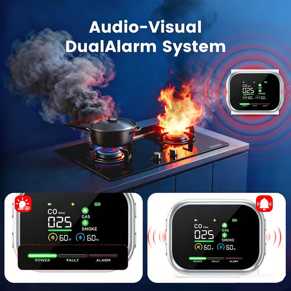 ⚡Smart 6-in-1 Gas Detector – CO Smoke & Gas Leak Alarm With LCD Display