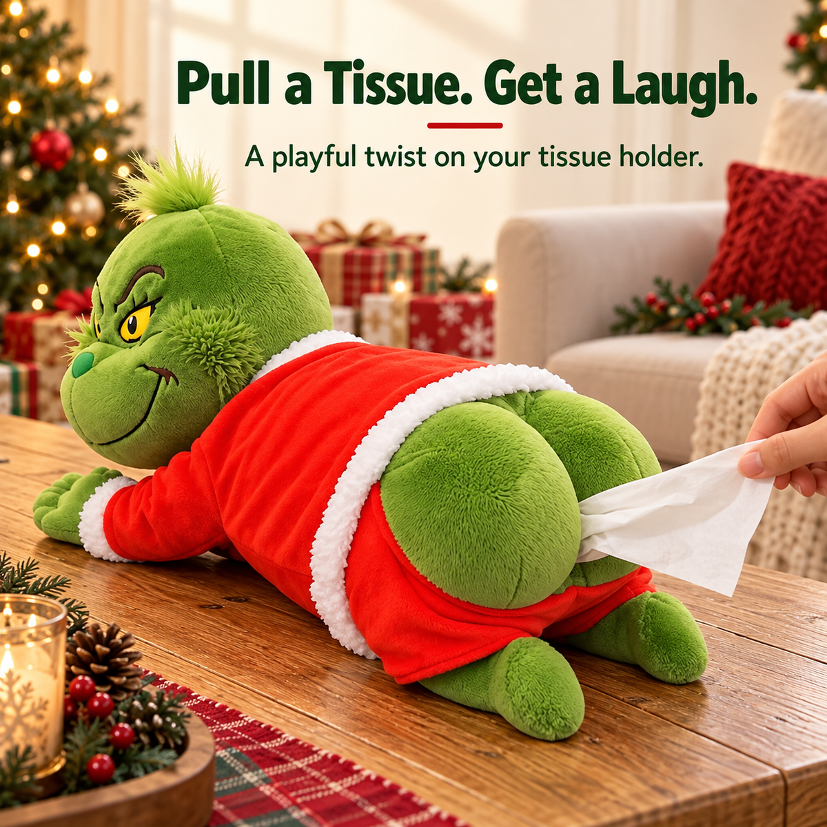 HOT SALE🎄 Grinch Plush Tissue Box Cover | Funny Christmas Grinch Tissue Holder, Festive Home Decor & Novelty Holiday Gift