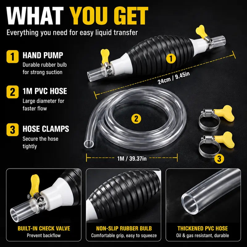 ⛽Manual Siphon Pump Kit with 1M Hose, Rubber Pump Bulb & 2 Hose Clamps, Liquid Transfer Pump for Fuel Water Oil, Car Boat Motorcycle