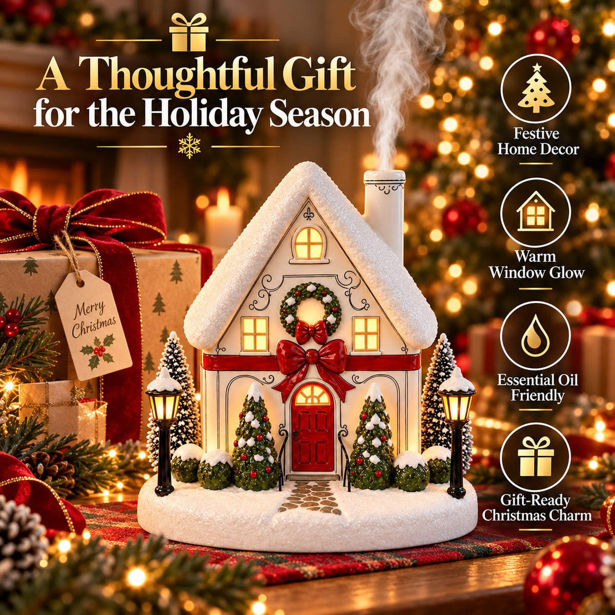 🎄 A Christmas Cottage That Comes to Life – Light-Up Aroma Diffuser with Chimney Mist