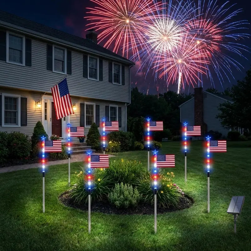 🔥8-Piece Flag Light Set – 4th of July Decorations with 8 Lighting Modes – Ideal for Independence Day Pathways, Gardens, and Yard Decor