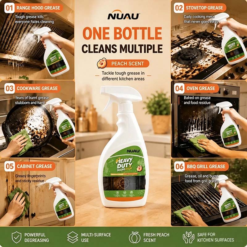 🍑 Heavy Duty Kitchen Degreaser Spray – Foaming Grease Cleaner with Fresh Peach Scent