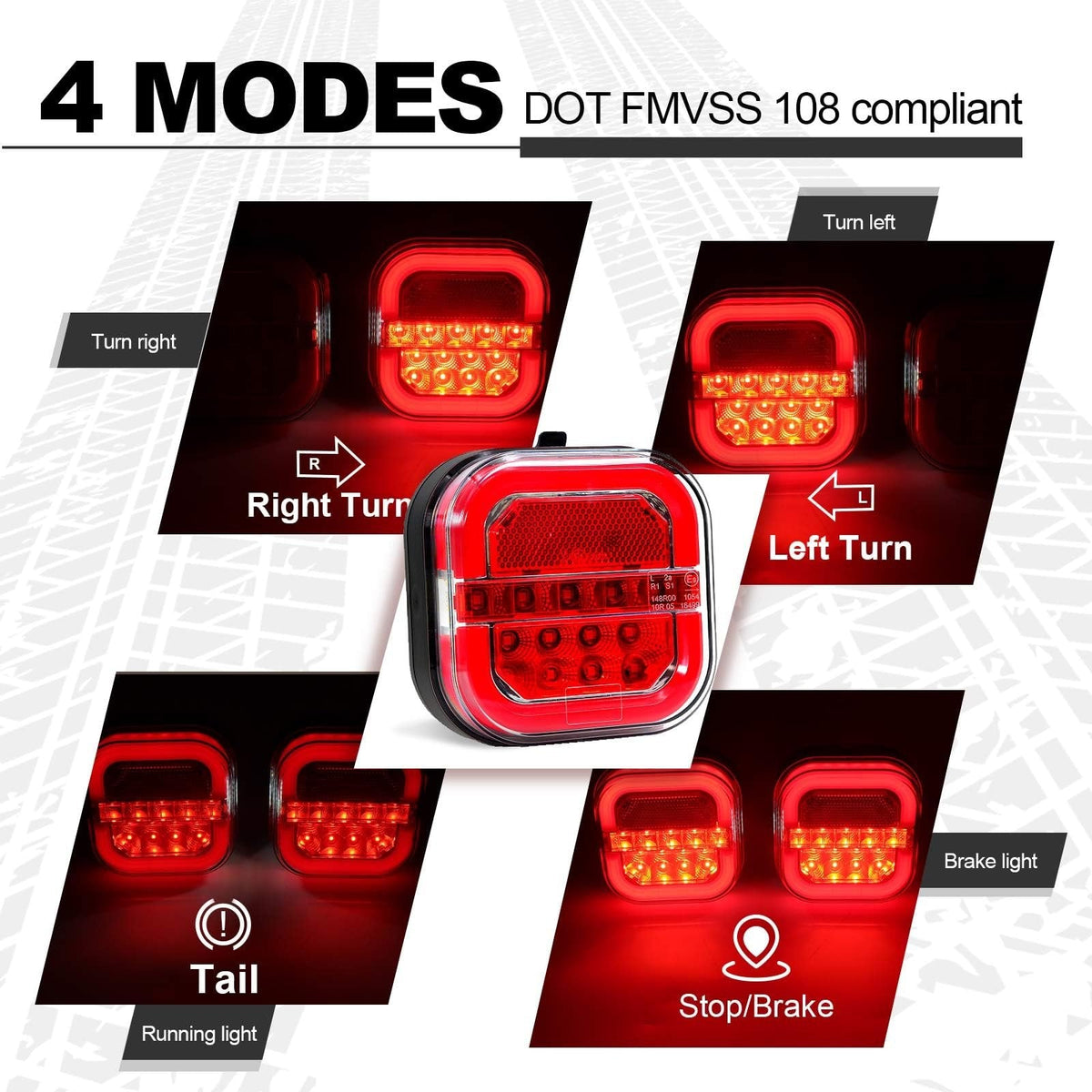Wireless trailer light functions showing running light, stop and brake light, left turn and right turn