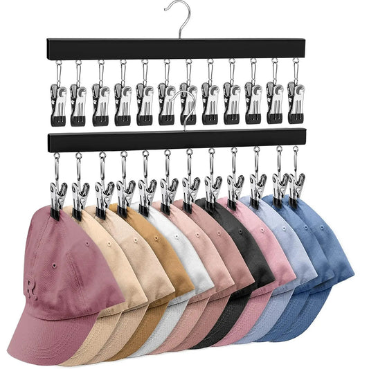 Wooden Hat Organizer with 12 Stainless Steel Clips Holds