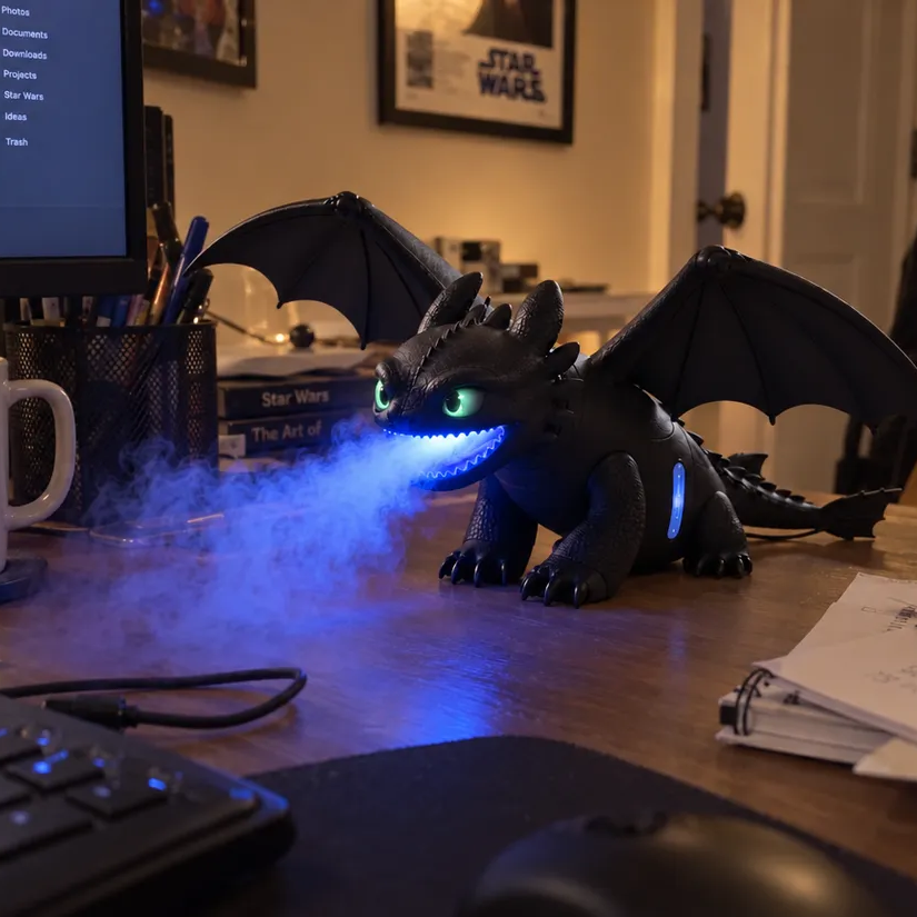 Black glowing dragon humidifier on gaming desk
