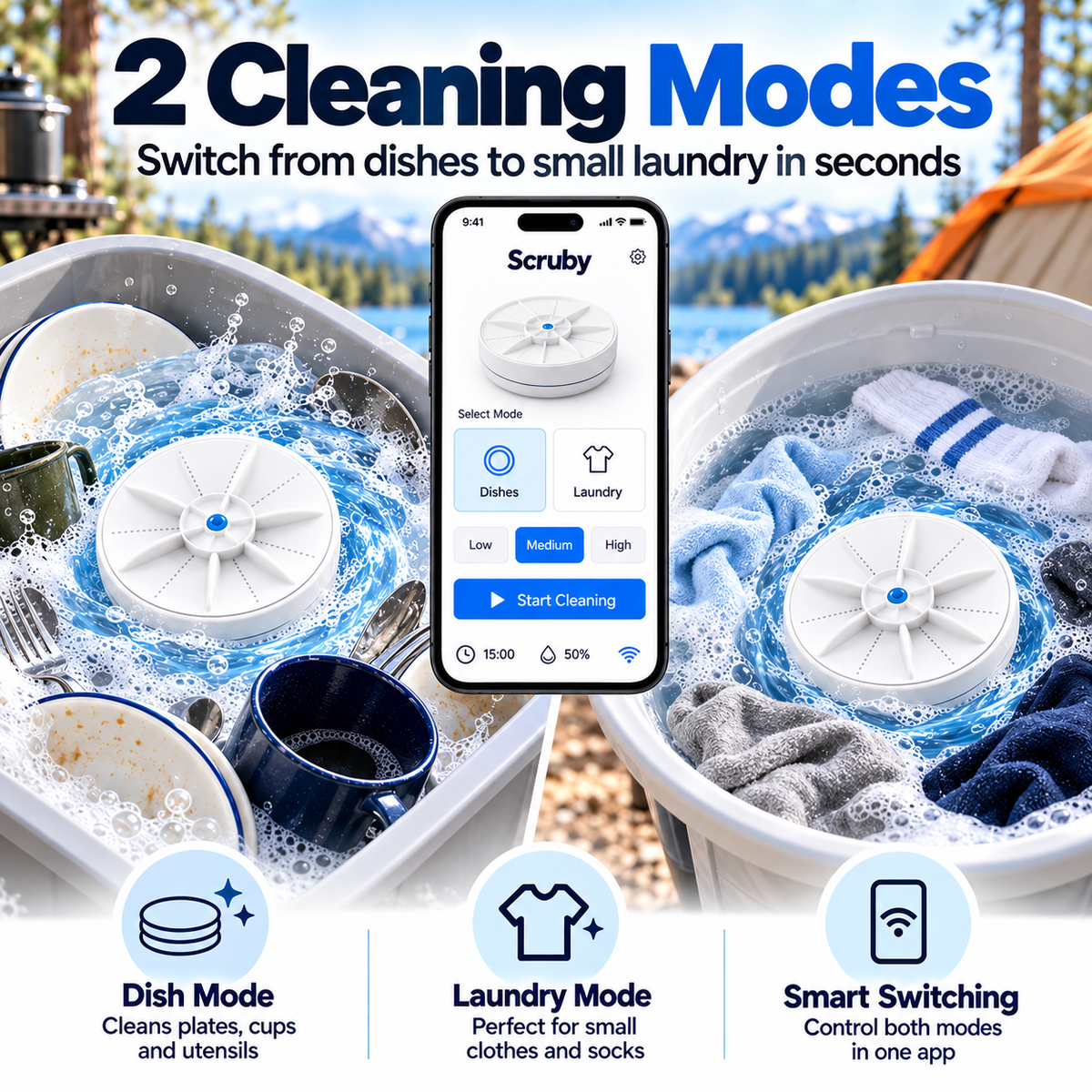 💦Smart Portable Washer – App-Controlled Dish & Laundry Cleaning Device