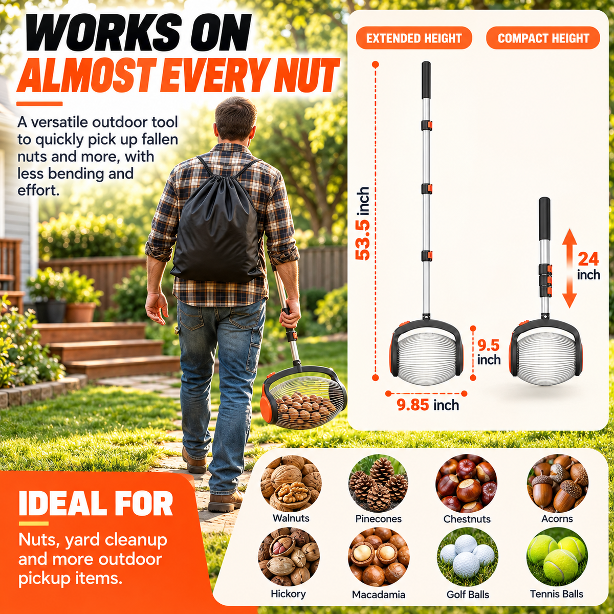 Telescoping Nut Gatherer with Foot-Operated Release – Rolling Walnut, Acorn & Pinecone Picker for Yard Cleanup