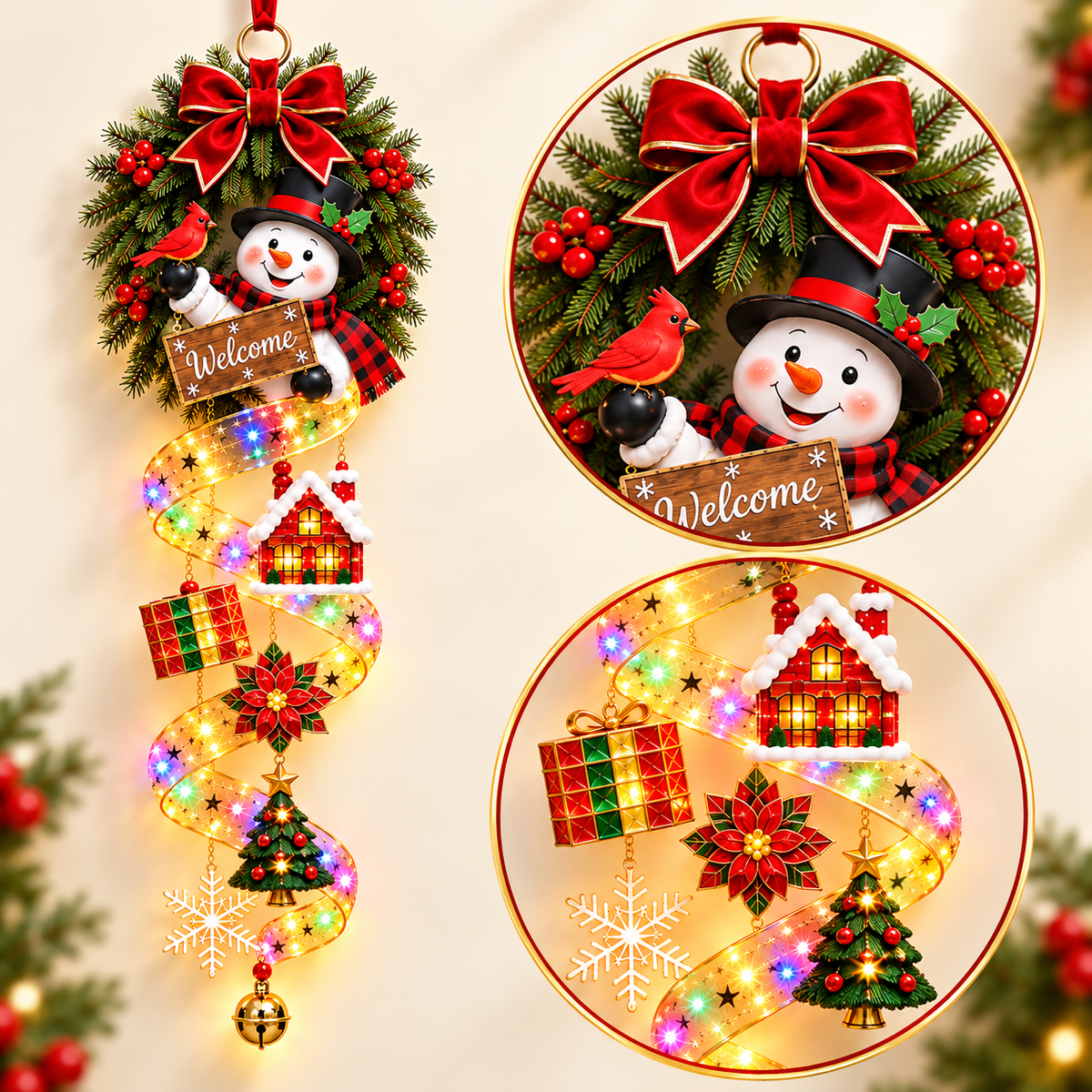 🎄 Christmas Magic Spiral Hanging LED Decoration – Santa & Snowman Holiday Door Decor ✨