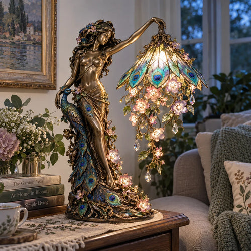 🎀🦚 Peacock Goddess Stained Table Lamp