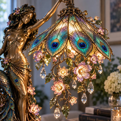 🎀🦚 Peacock Goddess Stained Table Lamp