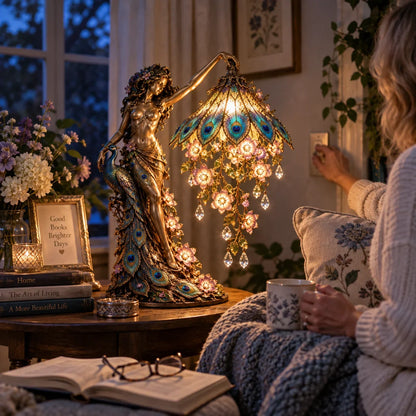 🎀🦚 Peacock Goddess Stained Table Lamp