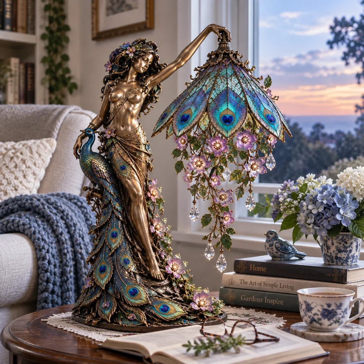🎀🦚 Peacock Goddess Stained Table Lamp