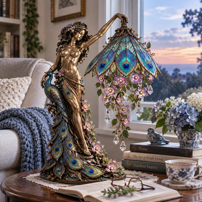 🎀🦚 Peacock Goddess Stained Table Lamp