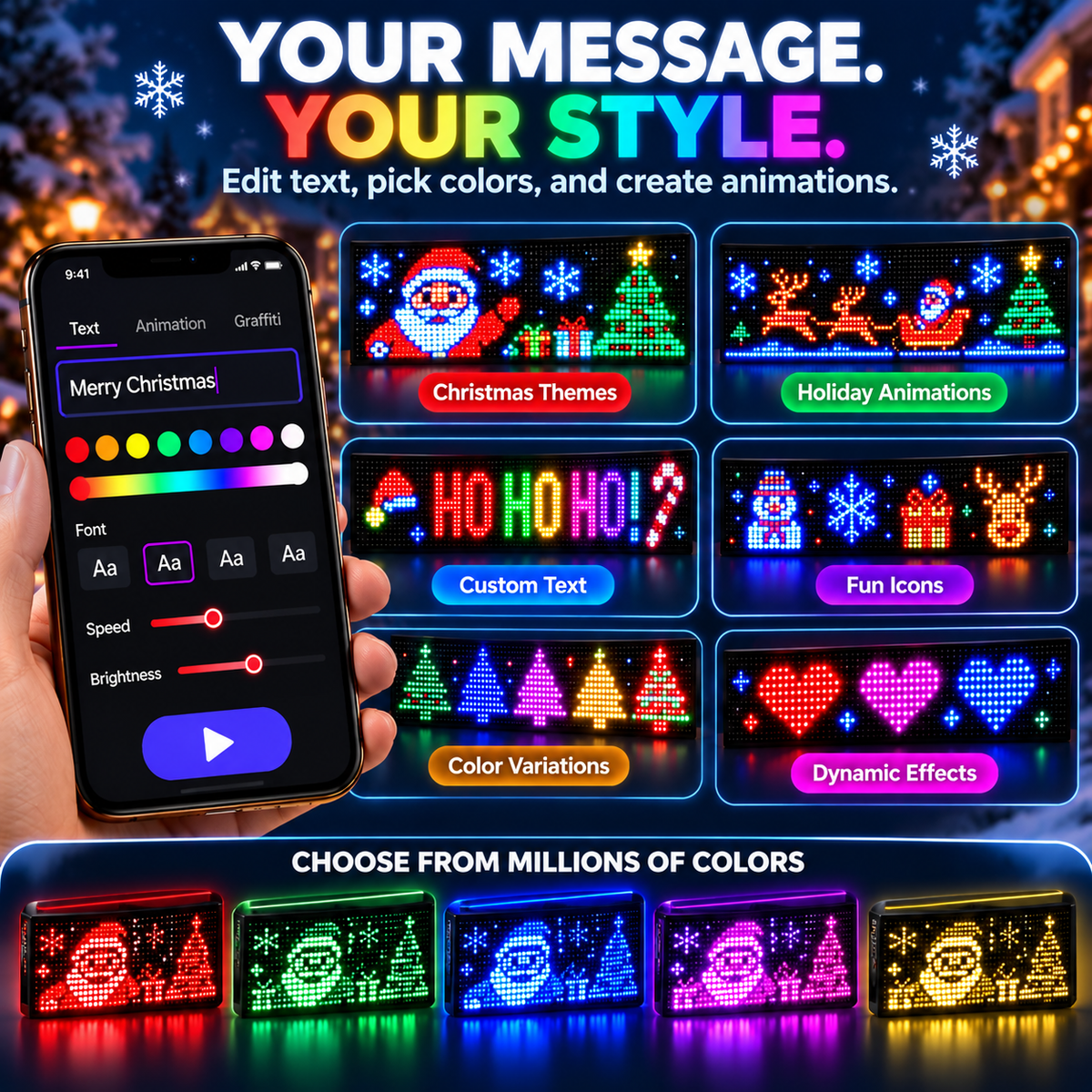 🎅Smart LED Pixel Car Display — App-Controlled Custom Text, Colors & Animations