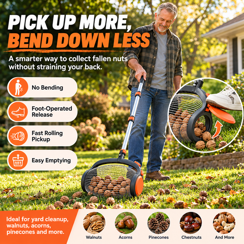 Telescoping Nut Gatherer with Foot-Operated Release – Rolling Walnut, Acorn & Pinecone Picker for Yard Cleanup