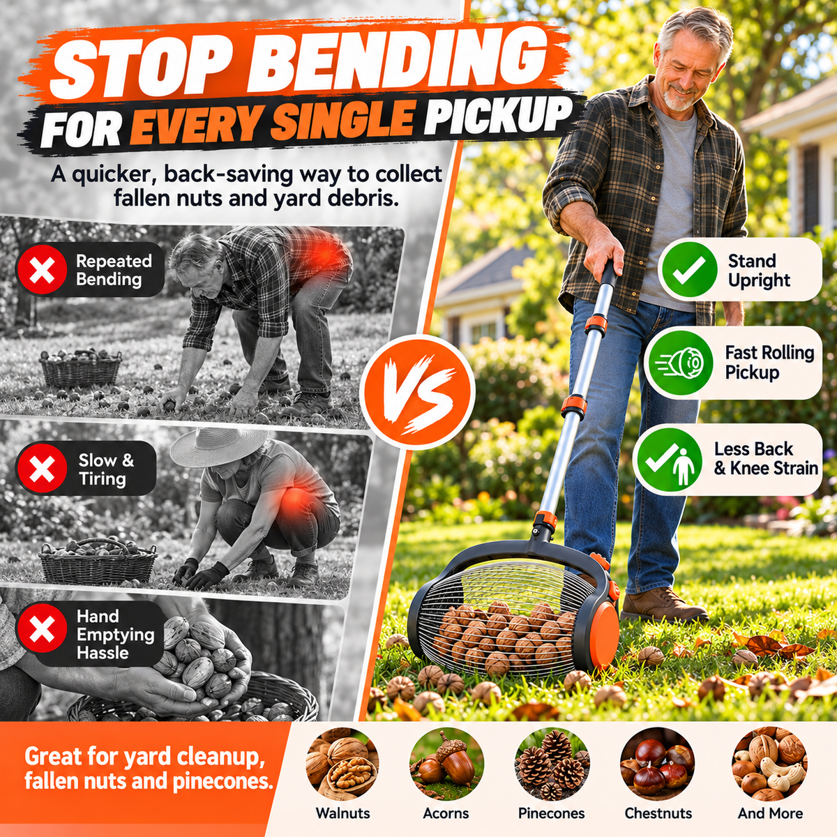 ⚡Telescoping Nut Gatherer with Foot-Operated Release – Rolling Walnut, Acorn & Pinecone Picker for Yard Cleanup