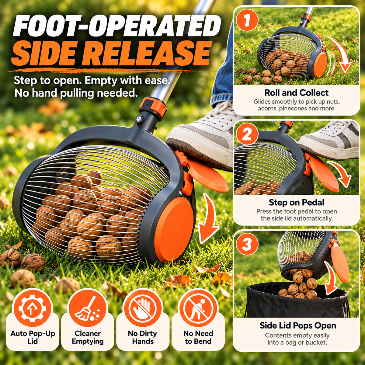Telescoping Nut Gatherer with Foot-Operated Release – Rolling Walnut, Acorn & Pinecone Picker for Yard Cleanup