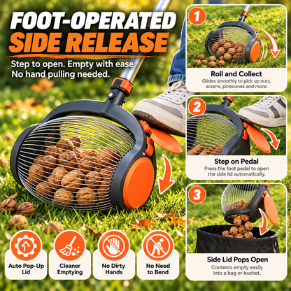 ⚡Telescoping Nut Gatherer with Foot-Operated Release – Rolling Walnut, Acorn & Pinecone Picker for Yard Cleanup