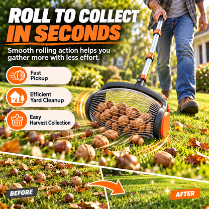 Telescoping Nut Gatherer with Foot-Operated Release – Rolling Walnut, Acorn & Pinecone Picker for Yard Cleanup