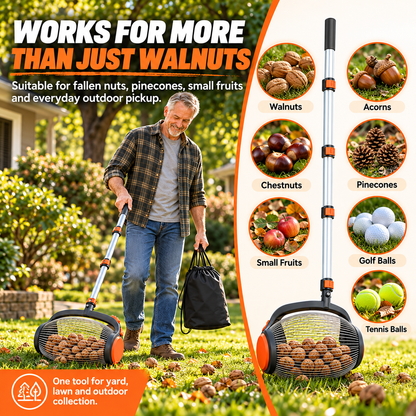 Telescoping Nut Gatherer with Foot-Operated Release – Rolling Walnut, Acorn & Pinecone Picker for Yard Cleanup
