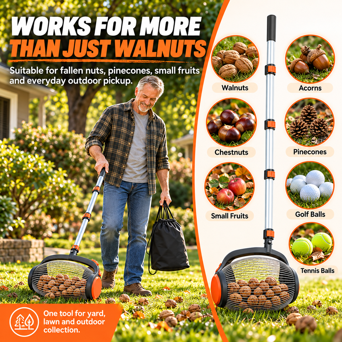⚡Telescoping Nut Gatherer with Foot-Operated Release – Rolling Walnut, Acorn & Pinecone Picker for Yard Cleanup