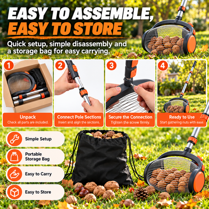 Telescoping Nut Gatherer with Foot-Operated Release – Rolling Walnut, Acorn & Pinecone Picker for Yard Cleanup